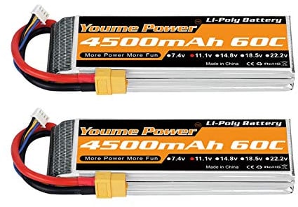 Youme 11.1V LiPo Battery, 3S RC Lipo Batteries 4500mAh 60C with XT60 Plug for RC Car / Truck, Buggy, Boat, Heli, and Drone(2 Packs)