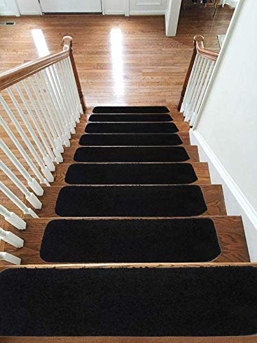 Soft Shaggy Carpet Stair Treads NON-SLIP MACHINE WASHABLE Mats/Rugs, 22x67cm, 30mm Thickness (Black, 13)