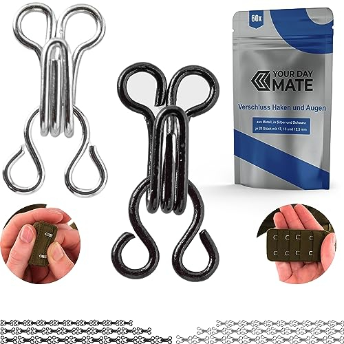 Verschluss Haken und Ösen, 60 Pack, Schwarz und Silber, drei Größen Set, Haken Augen für BH, Bikini, Kleid, Rock, Häkchen für Kleidung, Ösen-Verschluss zum Nähen, Unterwäsche Verschlüsse, DIY Hook Eye