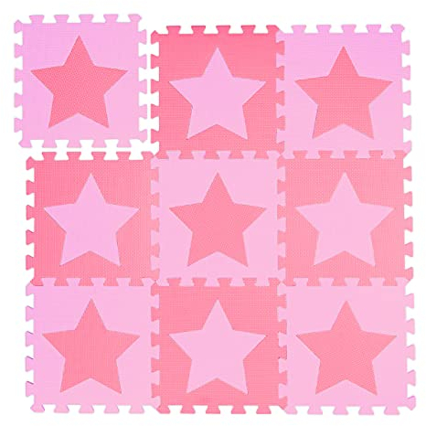 Relaxdays Puzzlematte Sterne, 9 Stück, 18 Teile, EVA Schaumstoff, schadstofffrei, Spielunterlage 91 x 91 cm, rosa-pink