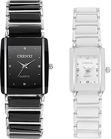 JewelryWe 2PCS Herren Damen Paar Armbanduhr Quarz Analog Rechteckig Ceramic Keramik Band Partner Freundschafts Uhr mit Strass Schwarz Weiß Geschenk Valentinstag