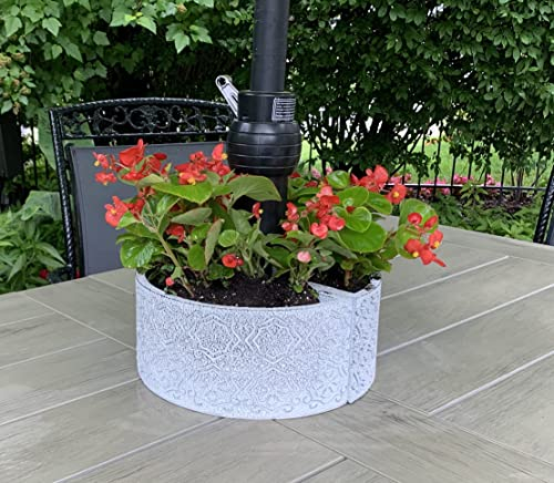 BIEN BEAU Patio Umbrella Planter – 2 Pieces Wrap Around Umbrella Planter - Distressed White – Weatherproof Resin – Fits Standard Poles Up to 2” Diameter - Scratch Pads - Water Plugs