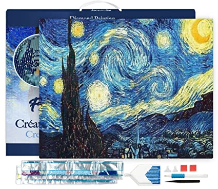 Figured'Art Diamond Painting Erwachsene 40x50cm Mit Rahmen Ganze Leinwand gespannt Van Gogh Sternennacht 5D Bilder Eckige Steine - DIY Set Basteln