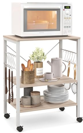 COSTWAY 3-Tier Rolling Baker’s Rack, Kitchen Storage Shelf with Lockable Wheels and Removable Hooks, Industrial Metal Frame Serving Cart for Home Office (2 Adjustable Shelves, Natural)