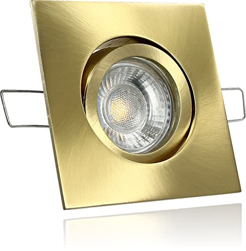 LEDFULL® Premium LED Einbaustrahler Dimmbar Set inkl. 230V GU10 5W Spot Warmweiß/Gold gebürstet Deckenstrahler eckig schwenkbar / 50W Strahler Ersatz