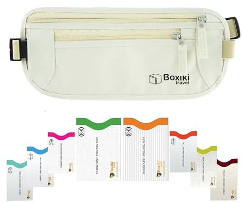 Boxiki Travel Ceinture Porte-Monnaie Beige avec Ensemble de Manchons RFID - Pochette de Voyage Sécurisée pour Protéger Argent, Cartes de Crédit et Documents pour Hommes et Femmes