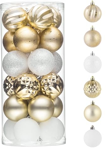 Valery Madelyn Weihnachtskugeln 24 Stück 6cm Bruchsichere Christbaumkugeln Kunststoff Weihnachtskugel Weihnachtsdeko mit Aufhänger Geschenkpaket Elegante Weißgold Weihnachtsbaumschmuck