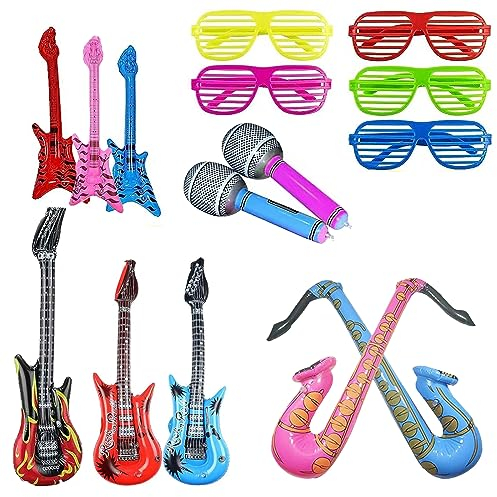 KALUROIL 15 PCS Aufblasbare Gitarre Aufblasbare Musikinstrumente Set - Gitarre, Saxophon, Mikrofon, Leuchtende Gläser - Perfekt für Party Supplies und Favors