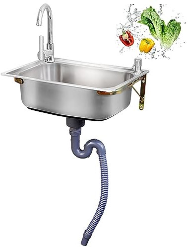 Edelstahl Waschbecken Spültisch Spülbecken Wandmontierte Waschtisch Ausgussbecken Küchenspüle Handwaschstation Kitchen Sink 1 Becken Spüle mit Armatur für Indoor Outdoor Wäsche Hinterhof Garage ( Size