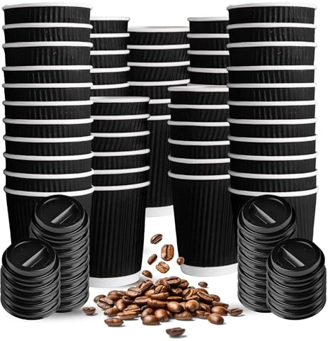 CHEF ROYALE 100x 16oz Black Ripple Disposable Coffee Cups with Lids -Insulated Triple Walled Takeaway Coffee Cups-Disposable Cups for Hot and Cold Drinks for Christmas, Birthdays Parties (100, 16oz)