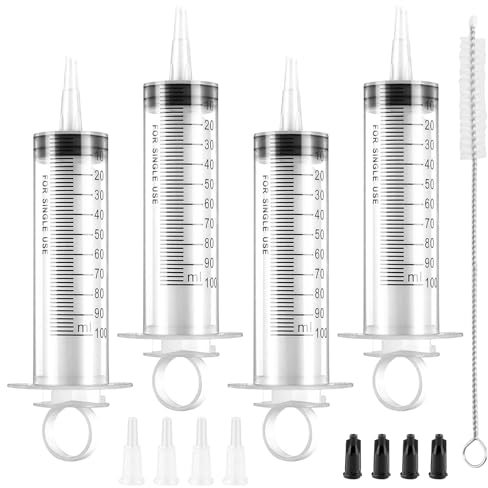 4 Stück 100ml Spritze, Spritze mit 4 Dichtungswerkzeug, Syringe mit Reinigungsbürste, Plastikspritze für Laborexperimente Tierfütterung Gartenarbeit Industrielle Anwendungen