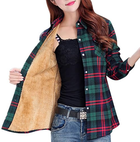 TDEOK Veste à carreaux pour femme - Doublée - Grandes tailles - Veste polaire à manches longues - Veste d'hiver chaude - Blouse à carreaux doublée - Chemise à carreaux - Chemisier d'hiver - Chemise