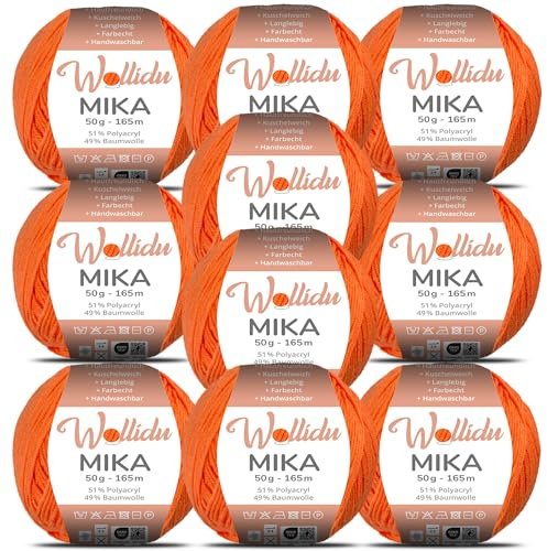 Wollidu Mika 51% Polyacryl 49% Baumwolle zum Häkeln und Stricken 10x 50g/165m Oeko-Tex Strickgarn Häkelgarn - Orange