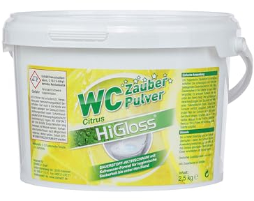 HiGloss WC Zauberpulver 2,5Kg Schmutzfinder-Technologie, WC Schaum extra stark geg. Urinstein & Kalk Citrus