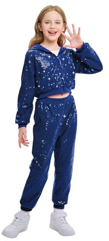 LOLANTA Kinder Pailletten Hip Hop Tanzkostüm Street Dancewear Jacke Hose Set, Blau, 10-11 Jahre, 150