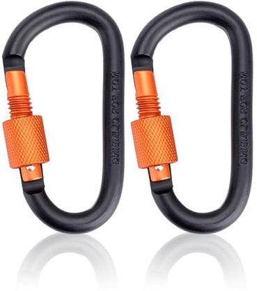 2Pcs Mousqueton Verrouillage Aluminium, Noir Orange Mousqueton Tactique Forme D avec Verrouillage à Vis Léger pour Sac de Montagne, Camping, Randonnée, Extérieur, Laisse Chien, Porte Clé, Pêche, Ski