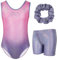 Gogokids - Set da ginnastica a tre pezzi per ragazze, body senza maniche con pantaloncini e fascia, vestito da ginnastica con design a colori scintillanti sfumati, età 3-12 anni, Rosa viola.,