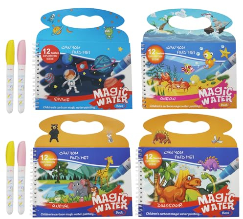 Juego de 4 libros para colorear con agua mágica - Libros para colorear con agua reutilizables con efecto de color y magia - ¡Para una diversión sin límites con los libros para colorear Water Wow!