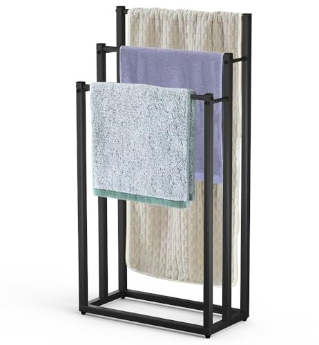 VOUNOT® Toallero de Pie de 3 Niveles Toallero Escalera con 3 Barras para Colgar Toallas Toallero Múltiple Triple de Metal 45x22x86cm Soporte y Estante de Secado de Toalla para Baño Aseo Lavadero Negro