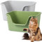 Vealind Katzentoilette, hohe Seite, mit niedrigem Zugang, 2 Stück, 100 % auslaufsicher, spritzgeschützt, tiefe Katzentoilette (Grau + Grün)