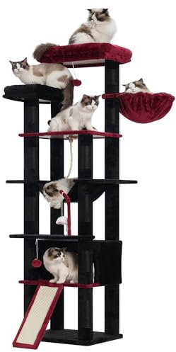 Heybly Árbol gótico para Gatos, 200 cm de Altura Torre para Gatos, con 11 Postes, 2 Plataformas, 1 Cuevas, Cesta, Hamaca, 3 Pompón, Multinivel para Gatos Grandes, Negro Rojo HCT033BR