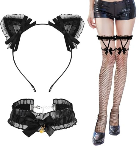 XEPST Catwoman Kostüm Damen, Katze Cosplay Set mit Glöckchen Halskette, Katzenohren Haarreif, Netzstrümpfe für Frauen Mädchen Cosplay Kostümfest Halloween Dekor Karneval