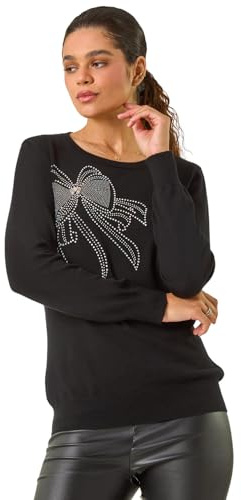 Roman Originals Women Diamante Embellished Jumper Ladies Sparkly Sequin Sweater Batwing Autumn Winter Sparkle Knit Knitwear Glittery Shiny Casual Evening Going Out Party - Black Shimmer - Size 16