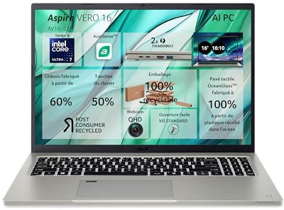 Acer Aspire Vero 16 AV16-51P-521Z, Ordinateur Portable Éco-conçu 16'' WUXGA IPS, PC (Intel Core Ultra 5 125U, RAM 16 Go, SSD 512 Go, Intel Graphics, Windows 11 Famille), Gris, Clavier AZERTY