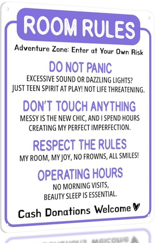 Funny Rules Sign - Cute Room Decor for Teen Girls Bedroom, Lavender Preppy Decorations, Purple Teenage Door Sign & Fun Gifts for Birthday and Holidays