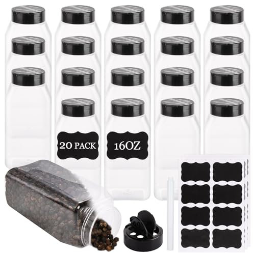 LOPYXBR 20PCS Plastic Spice Jars with Lids and Labels 480ml/16oz Spice Shaker Clear Seasoning Jars with Shaker Lids Reusable Square Spice Bottles for Spice, Powders, Herbs Storage