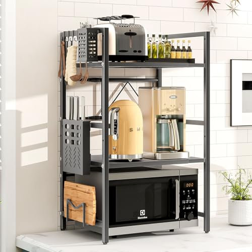 LZNIOZ Microwave Shelf with Hooks/Cutting Board Holder/Knife Holder/Cutlery Box, Microwave Stand for Kitchen Counter (Black)