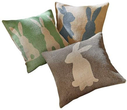 Loberon Kissenhülle 3er Set Namirah, Frühlingshafte Hasenmotive, Harmonische Naturtöne, Raue Textur, Osterdekoration, Ostern, Kissenbezüge, Jute, braun/grün