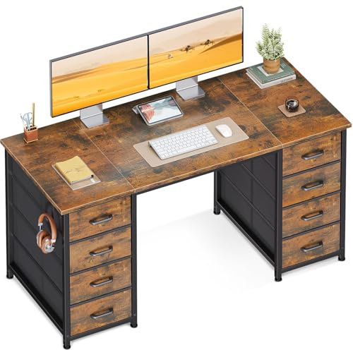 Coleshome Bureau avec 8 Tiroirs en Tissu, 120x48cm Bureau avec Rangement Table d'ordinateur avec Casque, Table Informatique pour Salon Domicile, Marron