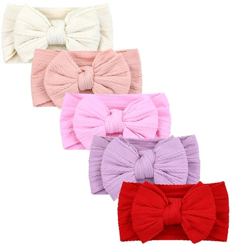 Cinaci 5 Pieces Soft Stretchy Baby Girl Wide Headbands with Bow Headwraps Hair Bows Bands Accessories for Baby Boys Girls Newborns Infants Toddlers