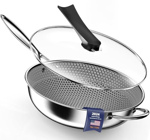 Kiseely Padella Wok, Wok ibrido per friggere da 34cm con coperchio, Wok antiaderente con manico Stay-Cool, compatibile con tutti i piani cottura compresi quelli a induzione (ED1)