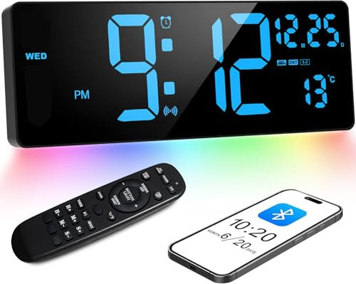 XREXS 16,5'' Digitale Wanduhr mit Bluetooth-Zeitsynchronisation, blauem Display und buntem Umgebungslicht. Zeigt Uhrzeit, Temperatur, Kalender, Timer und Wecker an ideal für Wohnzimmer, Küche und Büro