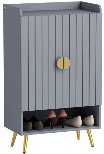 HOMCOM Meuble à chaussures moderne avec 2 portes, étagère ouverte et étagères réglables, 15 paires de chaussures, meuble d'entrée gris clair