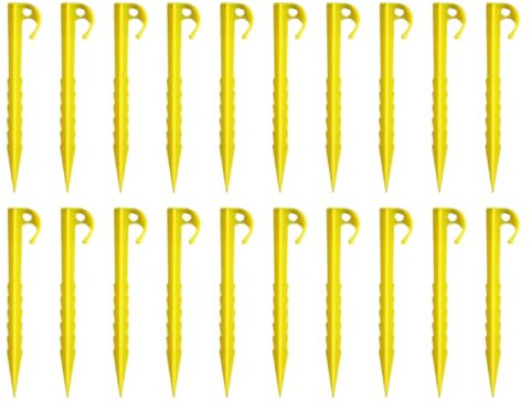20 Pcs Plastic Tent Pegs Yellow Camping Spike Hook Tent Nails Durable Tent Pegs for Fixing Camping Tent Rain Tarps