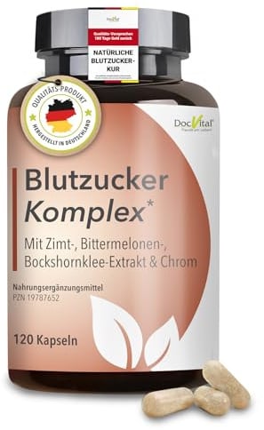 DocVital® Blutzucker Komplex, 120 Kapseln hochdosiert, Ceylon-Zimt & Chrom | Unterstützung des normalen Blutzuckerspiegels* & bei Insulinresistenz, vegan, Bittermelone, Bockshornklee, Magnesium, Zink