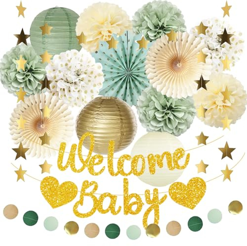 Babyparty Deko Grüne Gold Baby Shower Deko Baby Party Dekoration Oh Baby Deko Papier Pom Poms Papierfächer Laternen Babyshowerparty Neutral Gender Reveal Party Dekoration Boy Girl