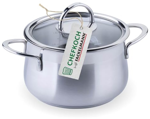 FACKELMANN Chefkoch Kochtopf mit Glasdeckel – ø16cm, Edelstahl 18/8, Aluminium-Kern, für alle Herdarten inkl. Induktion – spülmaschinengeeignet
