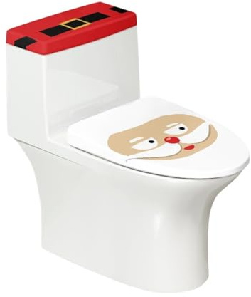 Lunette de Toilette Noël Rouge Blanc Ensemble de Housses pour WC avec Fond élastique et Housse Anti Poussière Couvercle de Réservoir de Toilette Deco Salle de Bain (4 pièces)