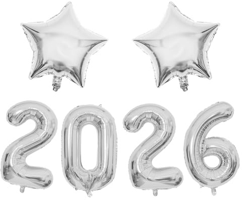 Silvester Deko 2026 Dekoration Set, Silvester Folienballon, 2026 Happy New Year Deko Ballons, Silvesterparty Großformatige Helium Luftballons, für Geburtstage, Jubiläen, Neujahr Silvesterdeko (Silber)