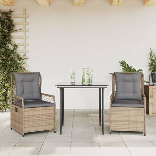 Runheo 3-TLG. Garten-Essgruppe mit Kissen Beige Poly Rattan, verstellbare Stühle, Glastisch, UV-beständig, für Terrasse Balkon