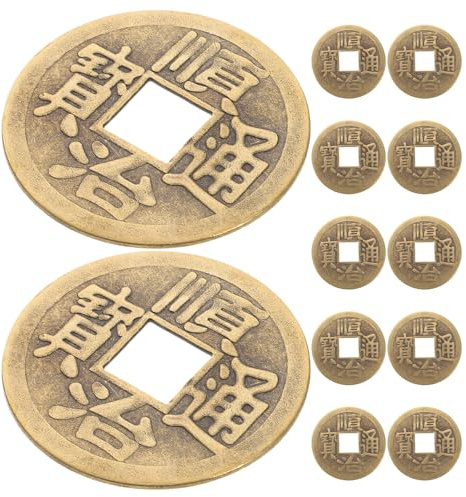 ERINGOGO 12 Pièces de Monnaie Chinoises Anciennes Accessoire Décoratif Vintage en Laiton Or Installation Facile pour Voiture pour Voyage et Bricolage Feng Shui