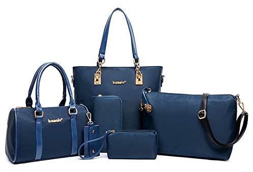 AlwaySky Nylon Damen Schultertasche Henkeltaschen Handtasche Tote Geldbörse Brieftasche Schlüsselfall Sechsteiliges Set Blau