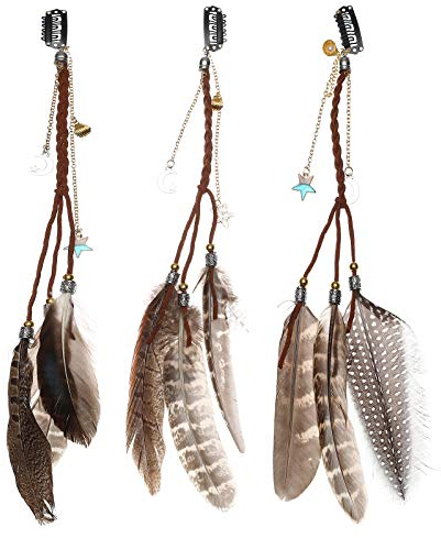 Bohemien Feder Haarband Hippie Haaretragen - Quaste Geflochten Feder Kopfschmuck Leder Seil für Frauen Festival Karneval Boho Haar Zubehör (3 Stück in 1)