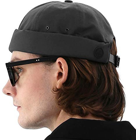 UNDERCONTROL Cappello da Pescatore da Marinaio Senza Visiera Vintage con Polsini arrotolati, Senza Visiera, con Teschio Miki e Cinturino in Pelle, per Uomo e Donna - Made in Korea - (Carbone)