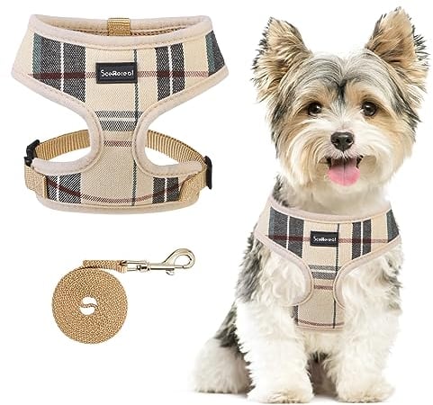 SCENEREAL Puppy Dog Harness with Leash Set for Small Medium Sized Dogs, Soft Mesh Step in Pet Harnesses and Leash, No Chock Plaid Adjustible No Pull Vest for Dogs Cats, Chihuahua,Bulldog