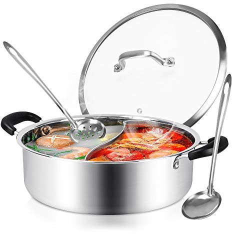 Shabu Shabu Hot Pot with Divider, Dual Sided Stainless Steel Set for Induction & Gas Stove